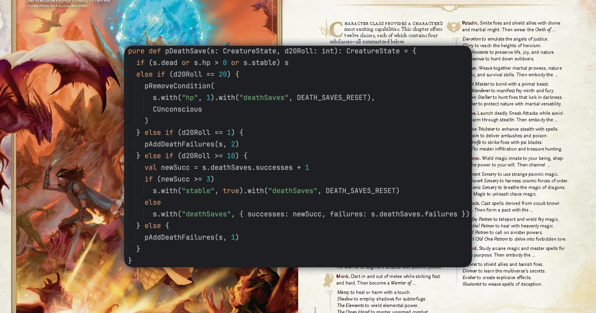 D&D Player's Handbook cover alongside Quint formal spec code for death saves