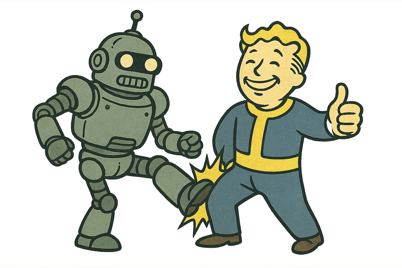 Robot kicks man's crouch. Man is smiling and shows thumbs up. It's all right!